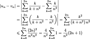 \begin{aligned}\left|u_{n}-v_{n}\right| &=\left|\sum_{k=0}^{2 n} \frac{k}{k+n^{2}}-\sum_{k=0}^{2 n} \frac{k}{n^{2}}\right| \\ &=\left|\sum_{k=0}^{2 n}\left(\frac{k}{k+n^{2}}-\frac{k}{n^{2}}\right)\right|=\sum_{k=0}^{2 n} \frac{k^{2}}{\left(k+n^{2}\right) n^{2}} \\ & \leqslant \sum_{k=0}^{2 n} \frac{(2 n)^{2}}{n^{2} n^{2}}=\frac{4}{n^{2}} \sum_{k=0}^{2 n} 1=\frac{4}{n^{2}}(2 n+1) \end{aligned}